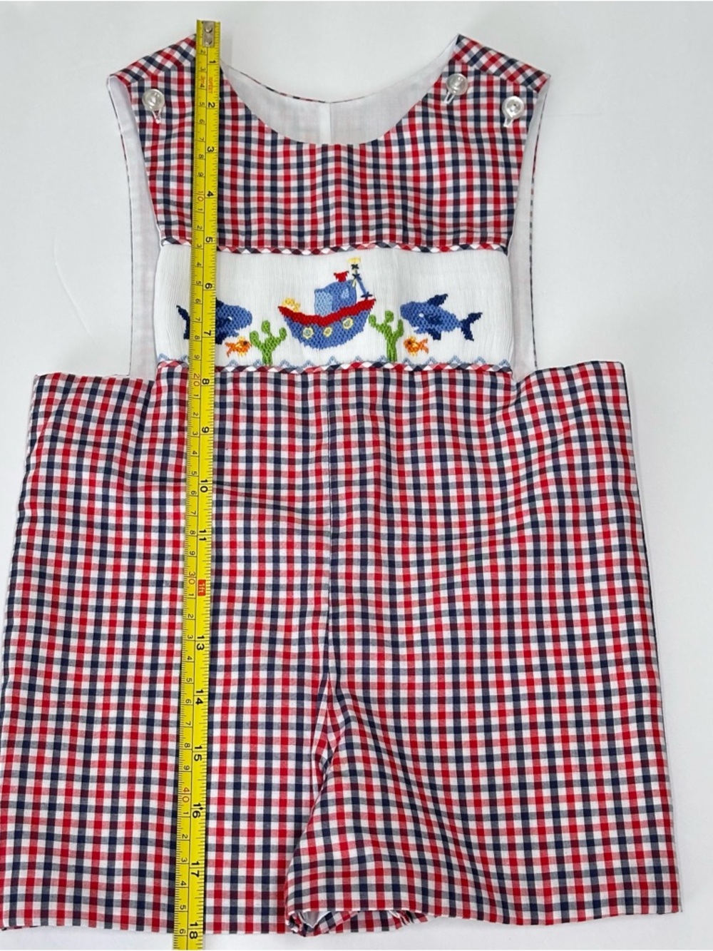 Three Sisters Boys 9M Smocked Red White & Blue Check Shortall Romper Boat Fish - Picture 10 of 11